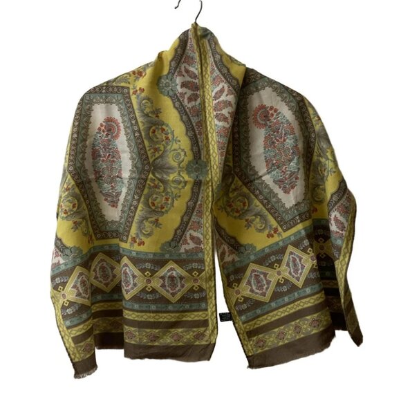Auth ETRO - Yellow Light Brown Multi Wool Silk Scarf - Picture 1 of 7